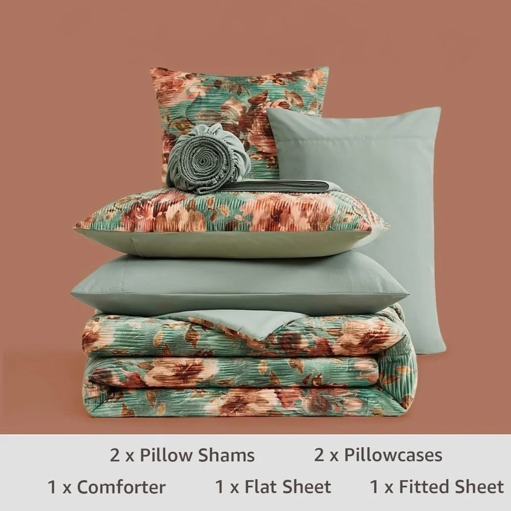 NEW Anthro 7 Piece Green Velvet Boho Queen / King Bedding Comforter & Sham Set
